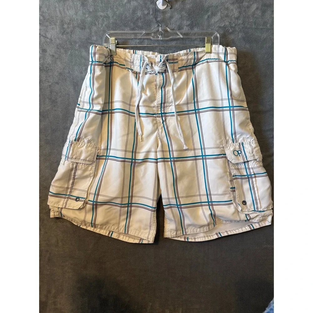 OP Ocean Pacific Mens Plaid Board Shorts White Blue Cargo Swim Trunks XL 40-42